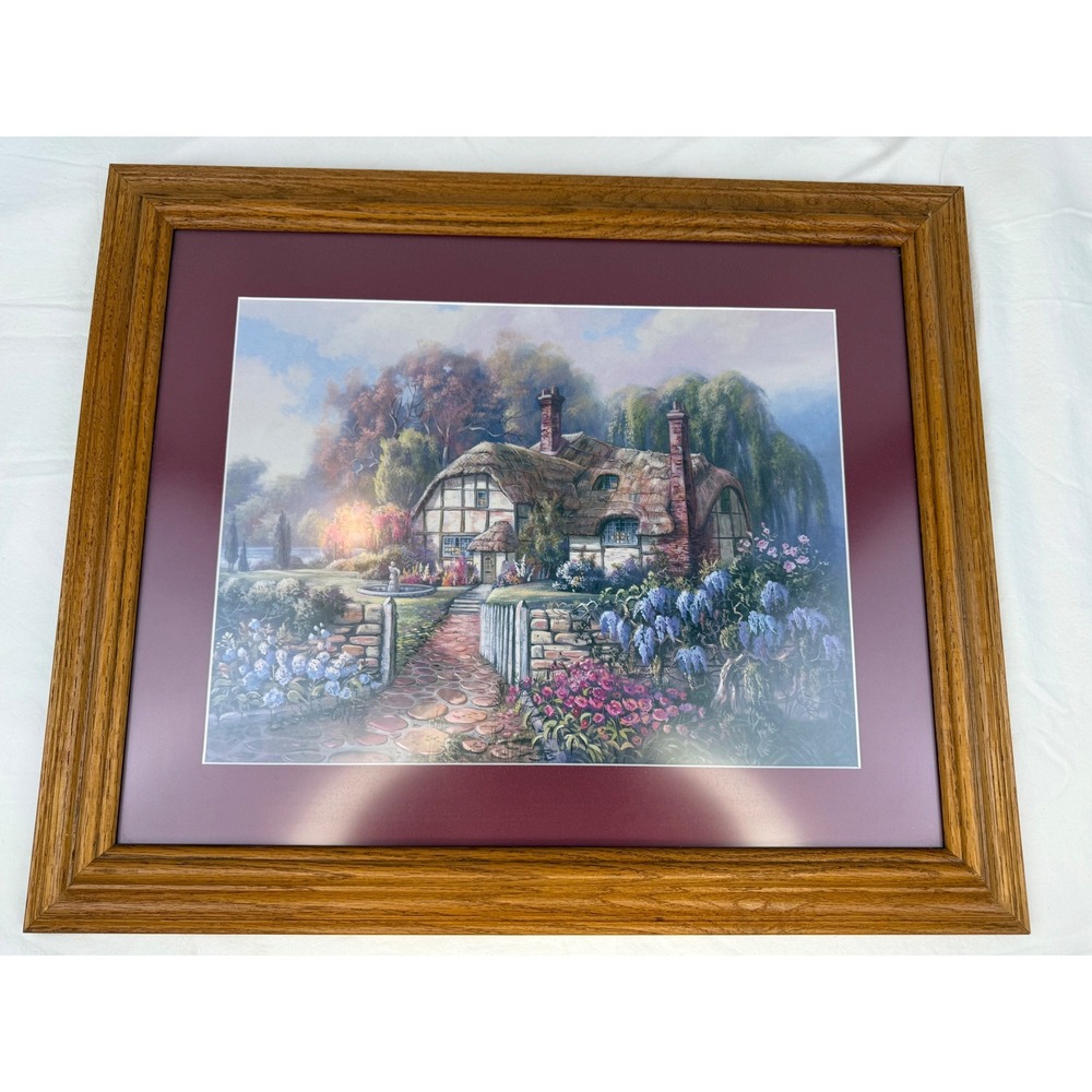 VTG English Garden Cottage Granny Framed Art‎ Print Oak Frame 24x20 #2479/2480